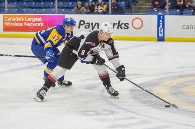 Vancouver Giants defenceman Dylan Plouffe handles the puck against the Saskatoon Blades