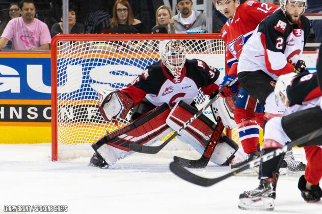 Prince George Cougars goaltender Taylor Gauthier vs. the Spokane Chiefs