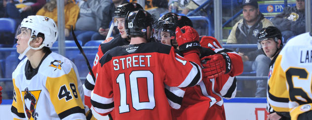 Binghamton Devils celebrate a goal vs. the Wilkes-Barre/Scranton Penguins