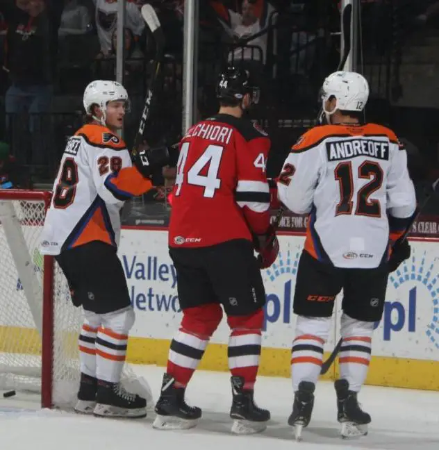 Joel Farabee (left) and Andy Andreoff (right) of the Lehigh Valley Phantoms vs. the Binghamton Devils