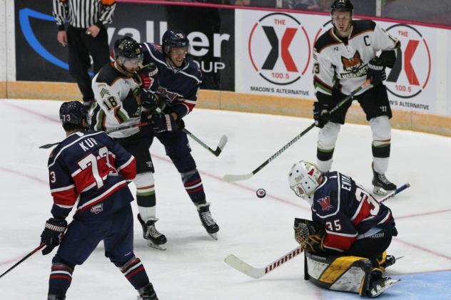 Macon Mayhem goaltender Kevin Entmaa makes a stop against the Fayetteville Marksmen