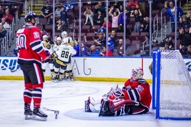 Newfoundland Growlers celebrate a goal against the Brampton Beast