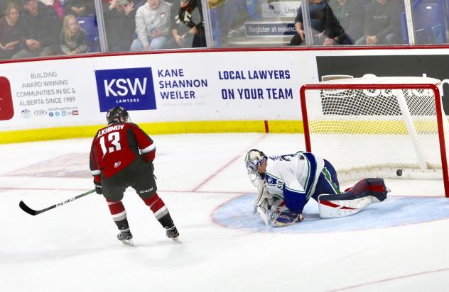 Vancouver Giants left wing Sergei Alkhimov scores against the Swift Current Broncos