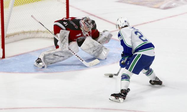Vancouver Giants goaltender Trent Miner faces the Swift Current Broncos in a shootout