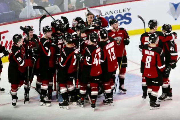 Vancouver Giants celebrate their shootout win over the Swift Current Broncos