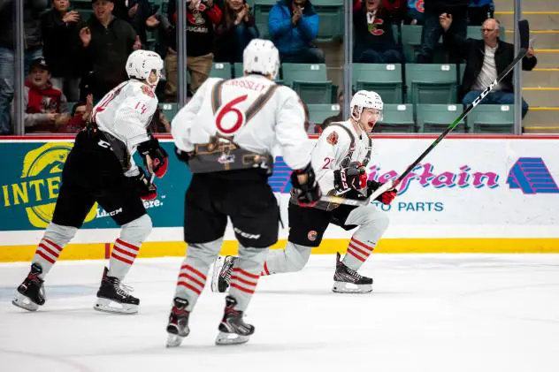 Prince George Cougars centre Connor Bowie celebrates a goal