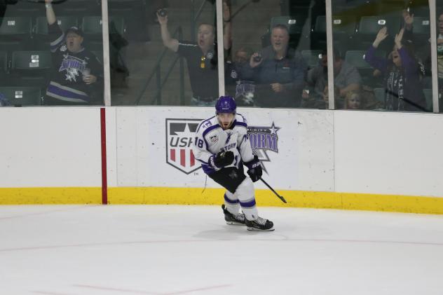 Benji Eckerle celebrates his goal for the Tri-City Storm