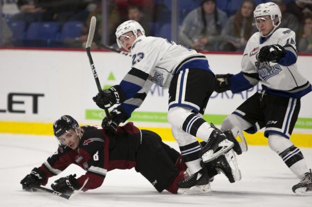 Vancouver Giants centre Tristen Nielsen hits the ice against the Victoria Royals