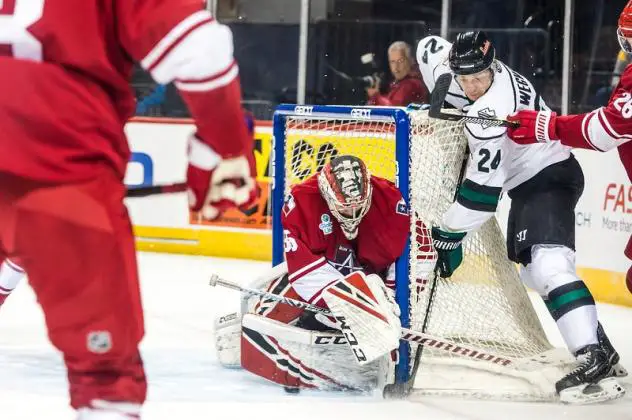 Allen Americans goaltender Jake Paterson makes a save against the Utah Grizzlies