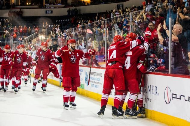 Allen Americans congratulate Gabe Gagne on his OT game-winner vs. the Utah Grizzles