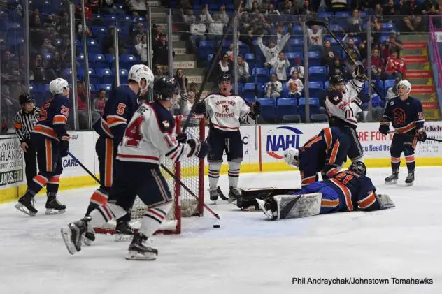 Johnstown Tomahawks celebrate a goal against the Northeast Generals