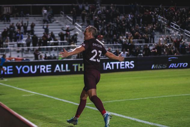Sacramento Republic FC forward Thomas Enevoldsen reacts to the crowd after his game-winning goal against New Mexico United