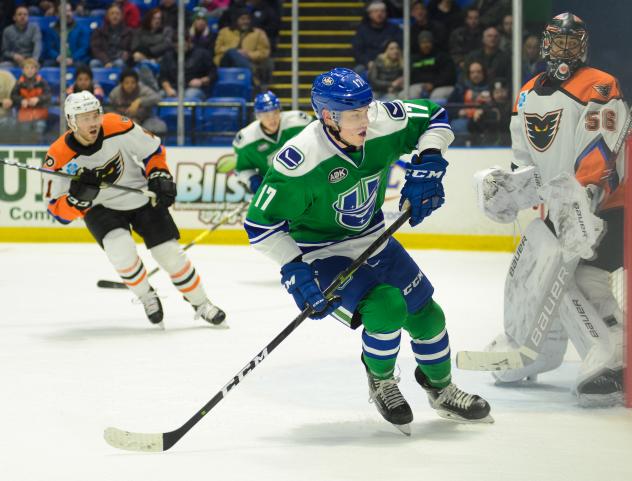 Utica Comets forward Adam Gaudette vs. the Lehigh Valley Phantoms