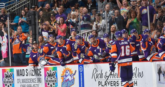 Orlando Solar Bears forward Chris LeBlanc gets high fives from the bench