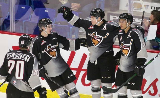 Vancouver Giants celebrate a goal against the Everett Silvertips