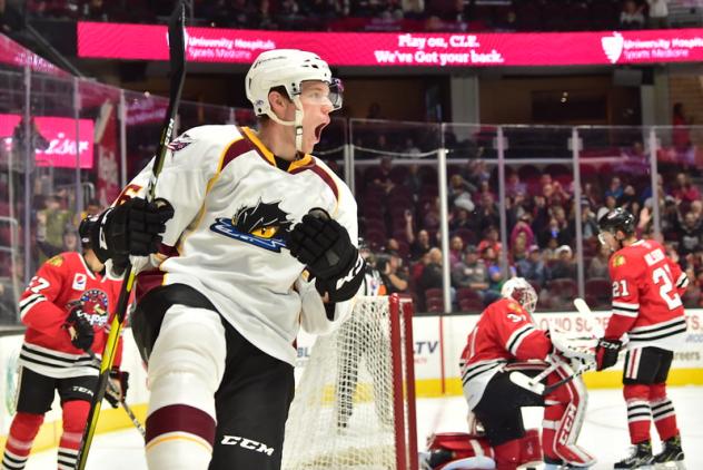 Cleveland Monsters defenseman Ryan Collins reacts after his goal against the Rockford IceHogs