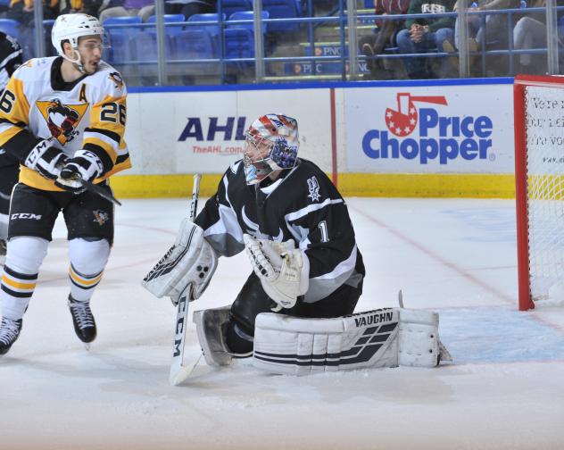 San Antonio Rampage goaltender Adam Wilcox vs. the Wilkes-Barre/Scranton Penguins