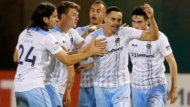 El Paso Locomotive FC celebrate a goal against Fresno FC in the playoffs