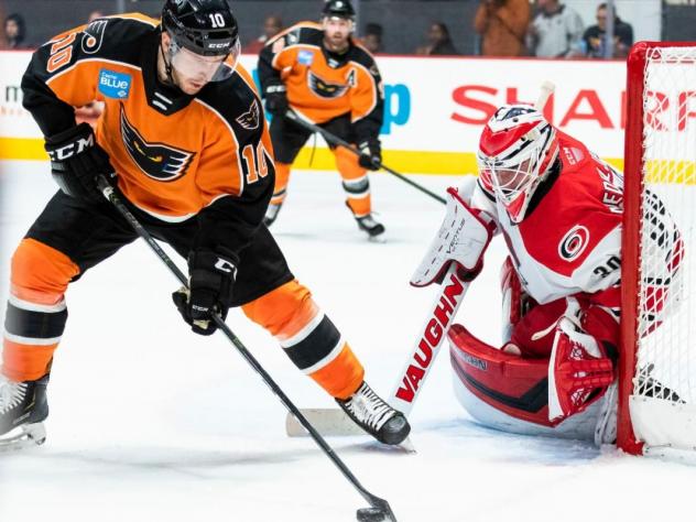 Lehigh Valley Phantoms left wing Greg Carey with the puck against the Charlotte Checkers