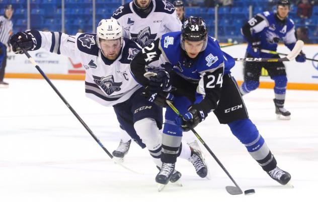 Saint John Sea Dogs left wing James White (right) vs. the Rimouski Oceanic