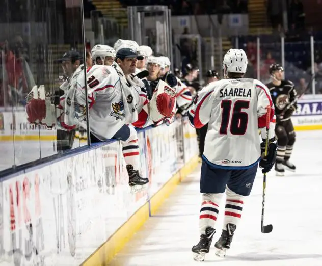 Aleksi Saarela receives congratulations from the Springfield Thunderbirds bench