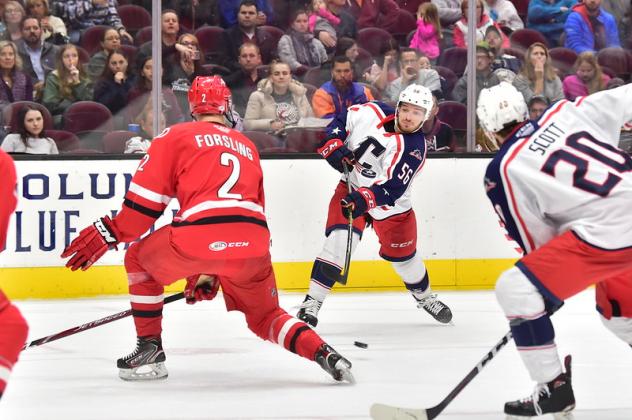 Cleveland Monsters left wing Marko Dano takes a shot against the Charlotte Checkers