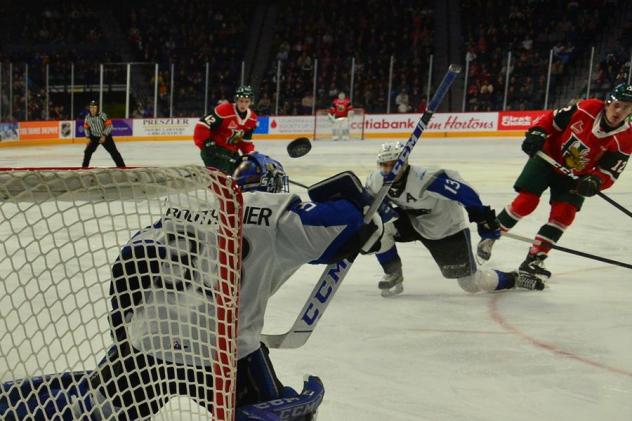 Saint John Sea Dogs goaltender Zachary Bouthillier defends against the Halifax Mooseheads