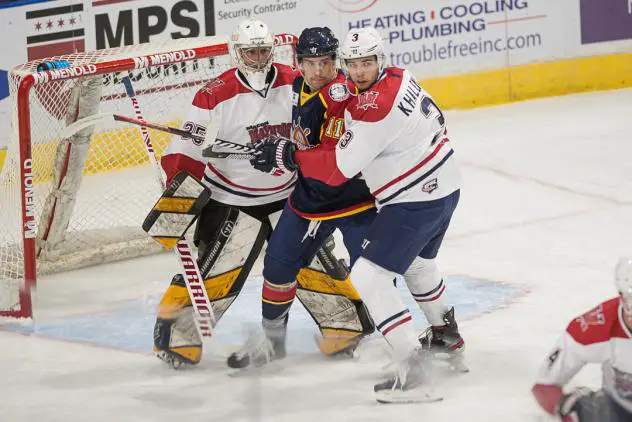 Macon Mayhem goaltender Kevin Entmaa and defenseman Oleg Khalemin vs. the Peoria Rivermen