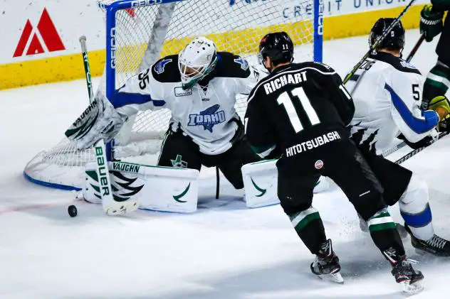 Utah Grizzlies defenseman Taylor Richart (11) eyes a puck in front of the Idaho Steelheads goal