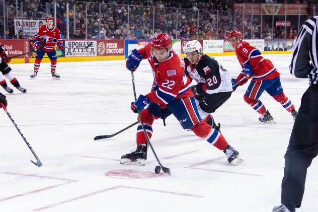 Prince George Cougars centre Ilijah Colina (20) vs. the Spokane Chiefs