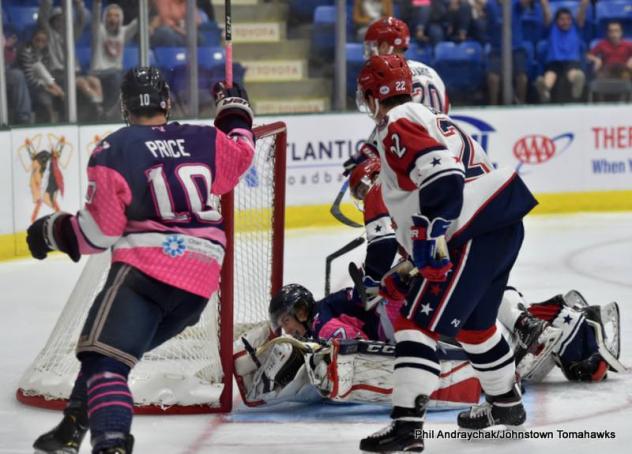 Johnstown Tomahawks forward Colin Price scores against the Jamestown Rebels