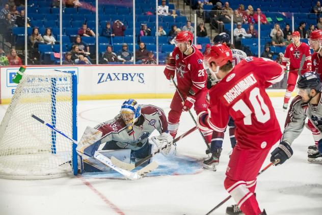 Olivier Archambault of the Allen Americans puts the Tulsa Oilers goaltender to work