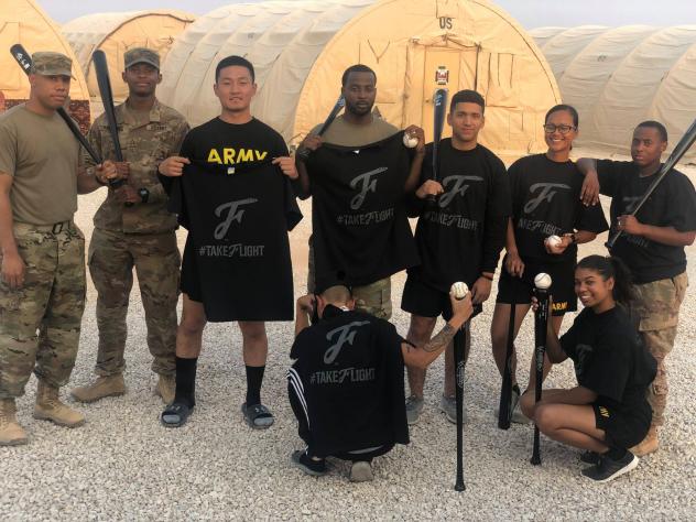 Troops with Fayetteville Woodpeckers gear in Saudi Arabia