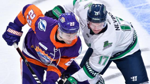 Orlando Solar Bears forward Hunter Fejes (left) vs. Florida Everblades forward Jack Nevins