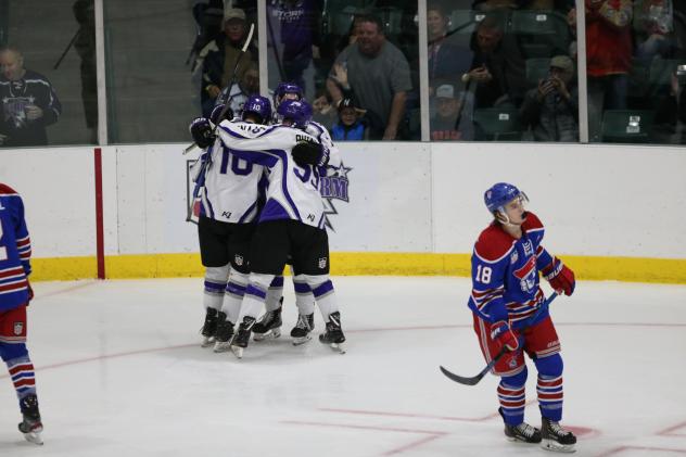 Tri-City celebrate a goal against the Des Moines Buccaneers