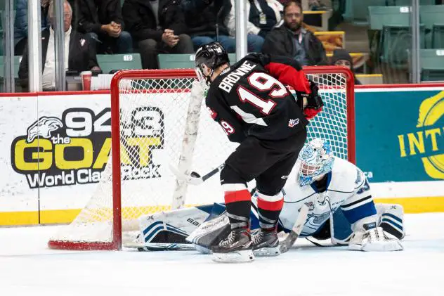 Ethan Browne of the Prince George Cougars scores against the Victoria Royals