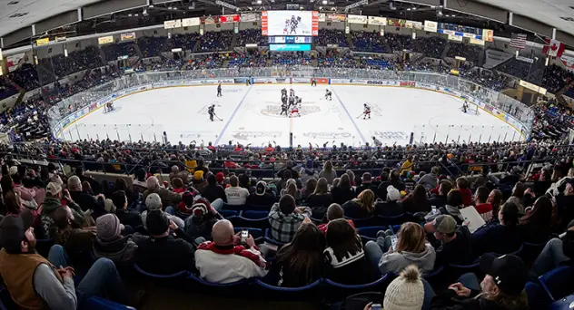 A crowd watches the Saginaw Spirit at Dow Event Center