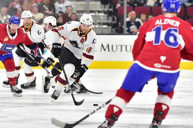 Cleveland Monsters defenseman Dillon Simpson vs. the Laval Rocket