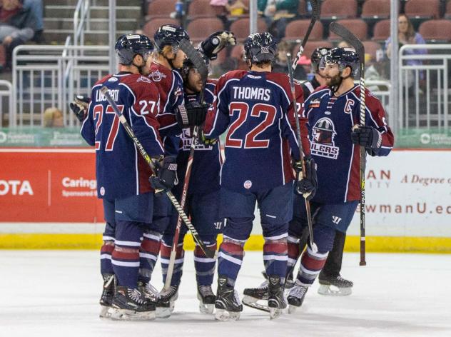 Tulsa Oilers Quiet congregate after one of their seven goals against the Wichita Thunder