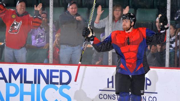 Adirondack Thunder, in Spider-Man jerseys, celebrate a goal in front of their fans
