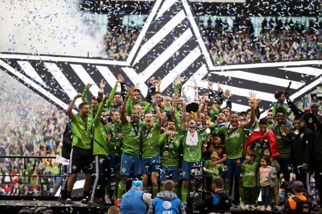 Seattle Sounders FC celebrate their MLS Cup title in front of their fans