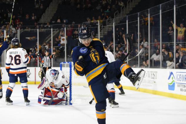 Sam Asselin after scoring a goal for the Atlanta Gladiators