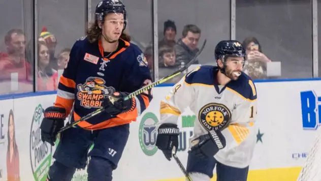 Greenville Swamp Rabbits defenseman Brien Diffley (left) vs. the Norfolk Admirals