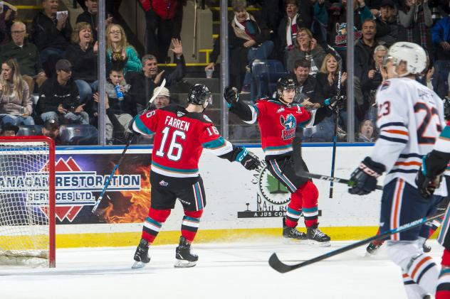 Kelowna Rockets celebrate a goal against the Kamloops Blazers