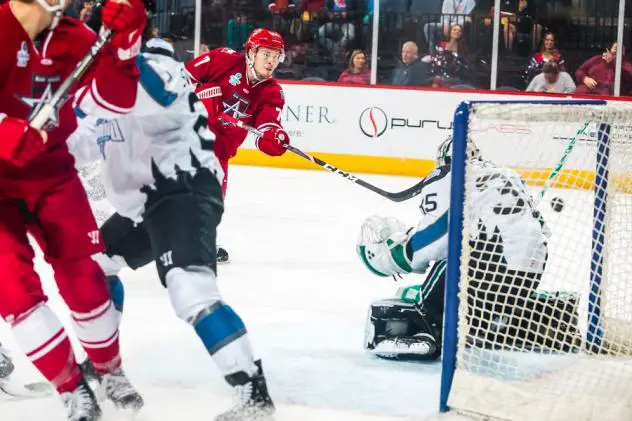 Alex Breton of the Allen Americans scores vs. the Idaho Steelheads