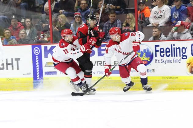 Left wing Jordan Topping (left) and defenseman Nick Boka of the Allen Americans vs. the Cincinnati Cyclones