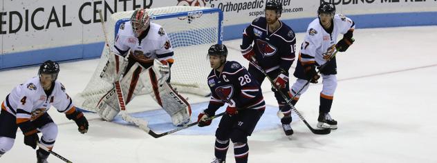 South Carolina Stingrays set up in front of Greenville Swamp Rabbits goaltender Jeremy Helvig