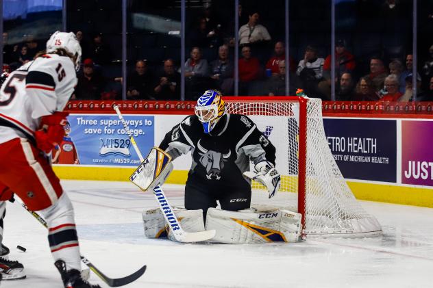 San Antonio Rampage goaltender Ville Missi vs. the Grand Rapids Griffins