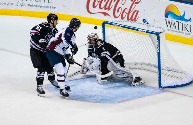 Charlie Sampair of the Tulsa Oilers takes a shot against the Rapid City Rush