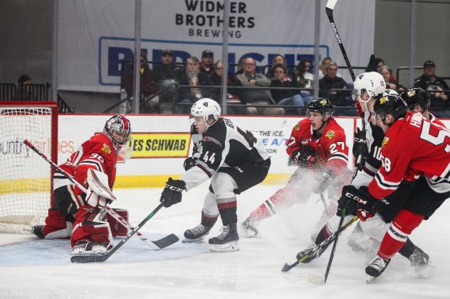 Vancouver Giants defenceman Bowen Byram takes a shot against the Portland Winterhawks